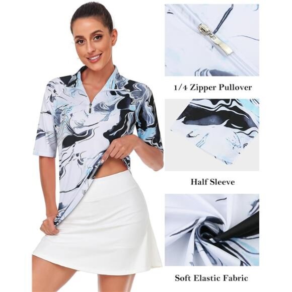 Womens Golf Shirt Quick Dry Half Sleeve Quarter Zip Polo Workout Tops Tennis - Picture 3 of 6